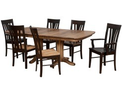 Millsdale double pedestal table in sandalwood on distressed maple with tulip back chairs sandalwood&ebony