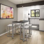 Modern kitchen with abstract painting and stools.