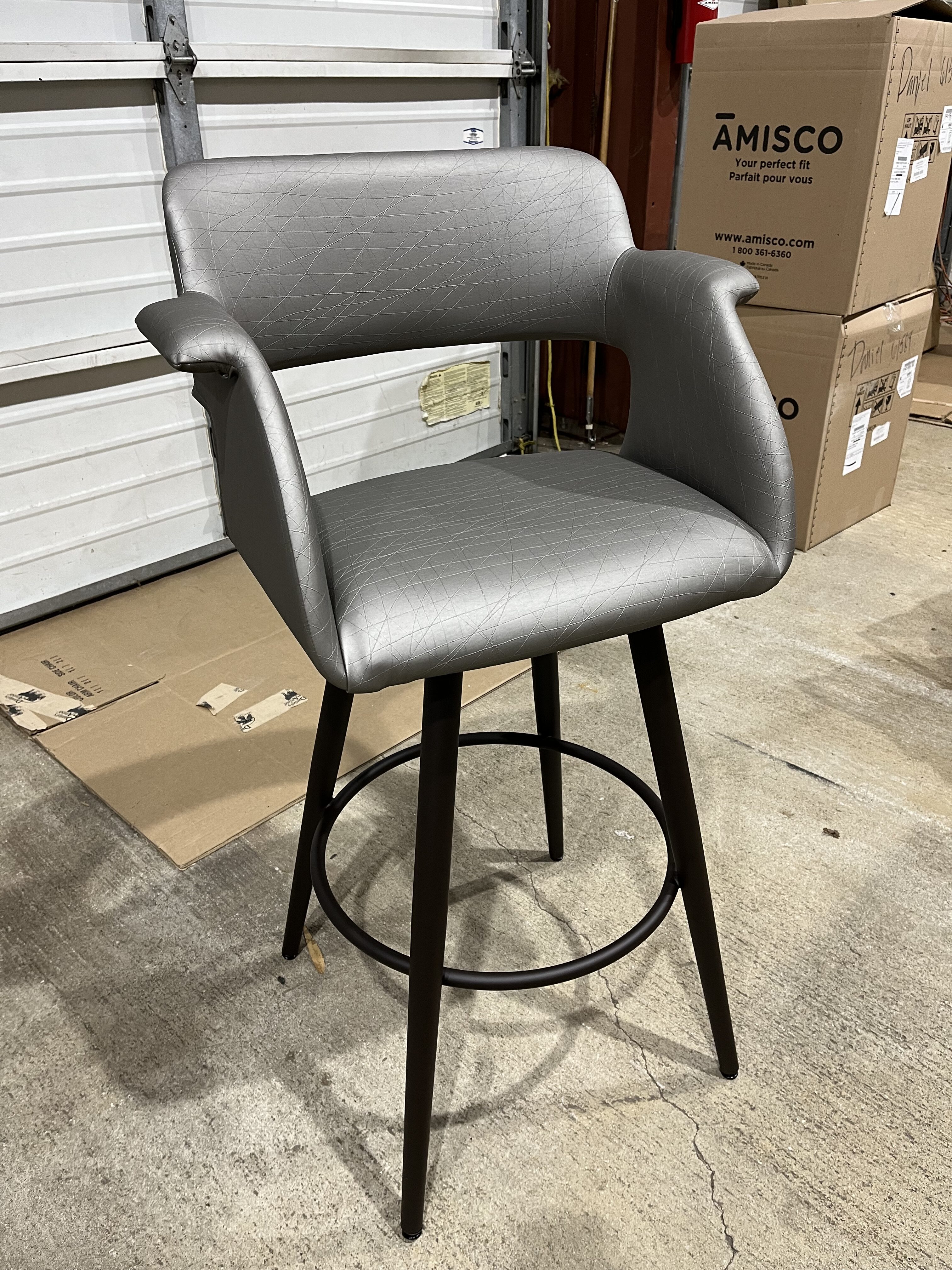 amisco's sorrento stool with swivel seat, and custom upholstered seat back and arms with metal frame