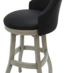 Black cushioned wooden bar stool, angled view.