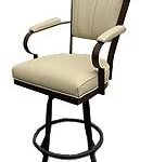 Beige cushioned bar stool with armrests.