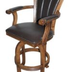Brown wooden bar stool with leather seat.