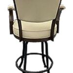 Beige cushioned swivel bar stool, back view.