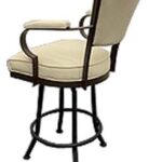 Beige cushioned bar stool with armrests.