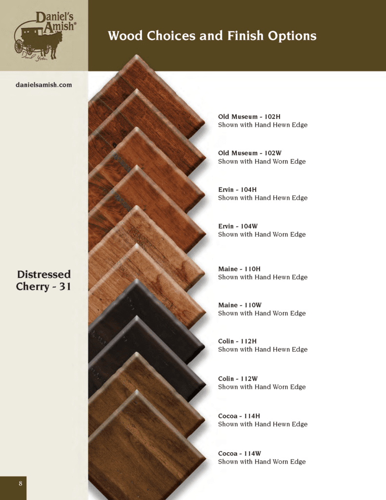 Distressed Cherry wood stain samples with descriptions and codes.